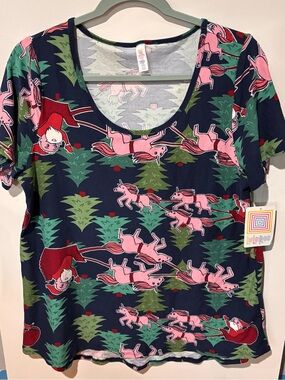 LuLaRoe Navy Tee with Pink Unicorns and Green Trees